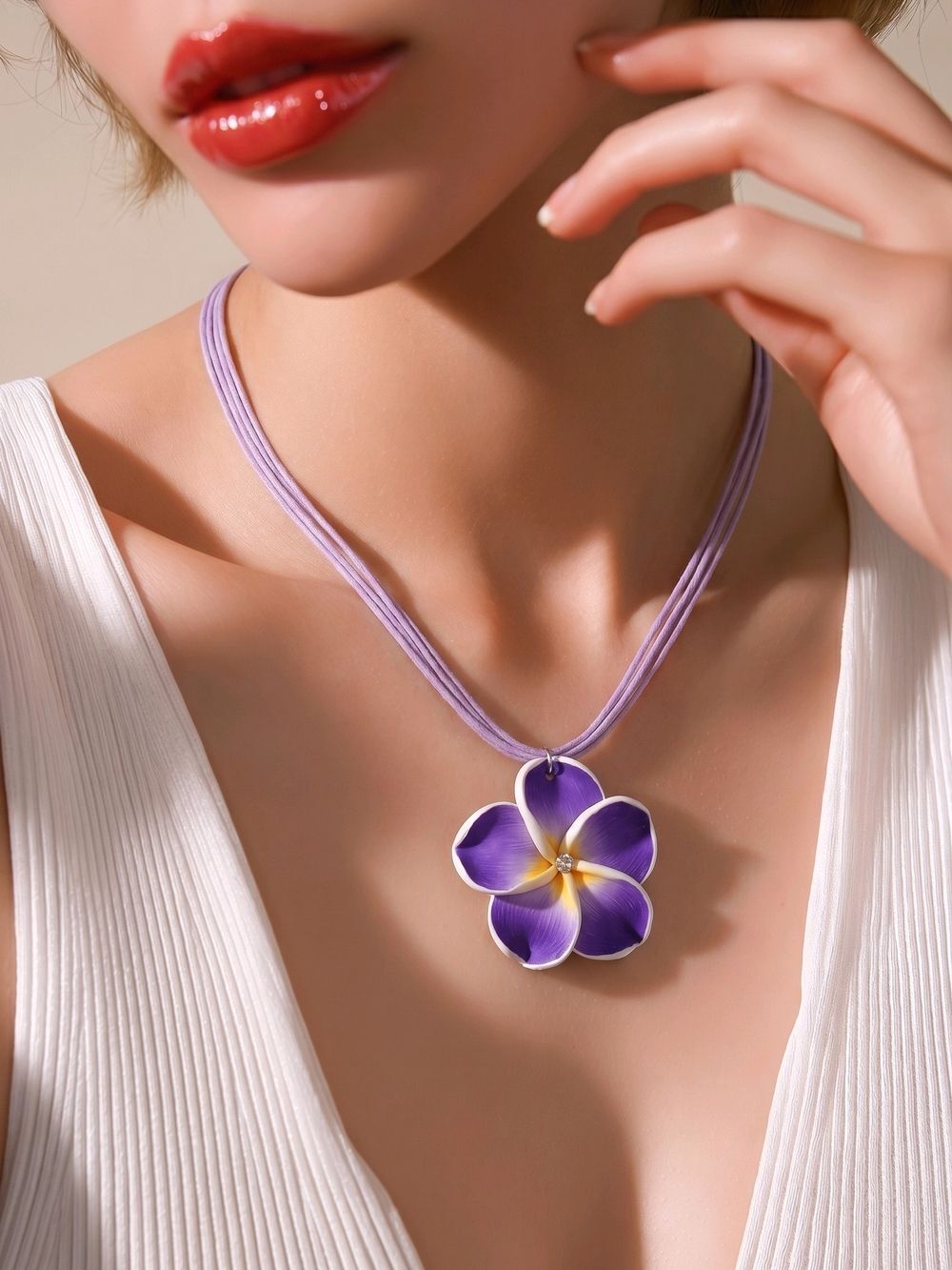 Purple Plumeria Flower Necklace Tropical Hawaiian Floral Cord Pendant